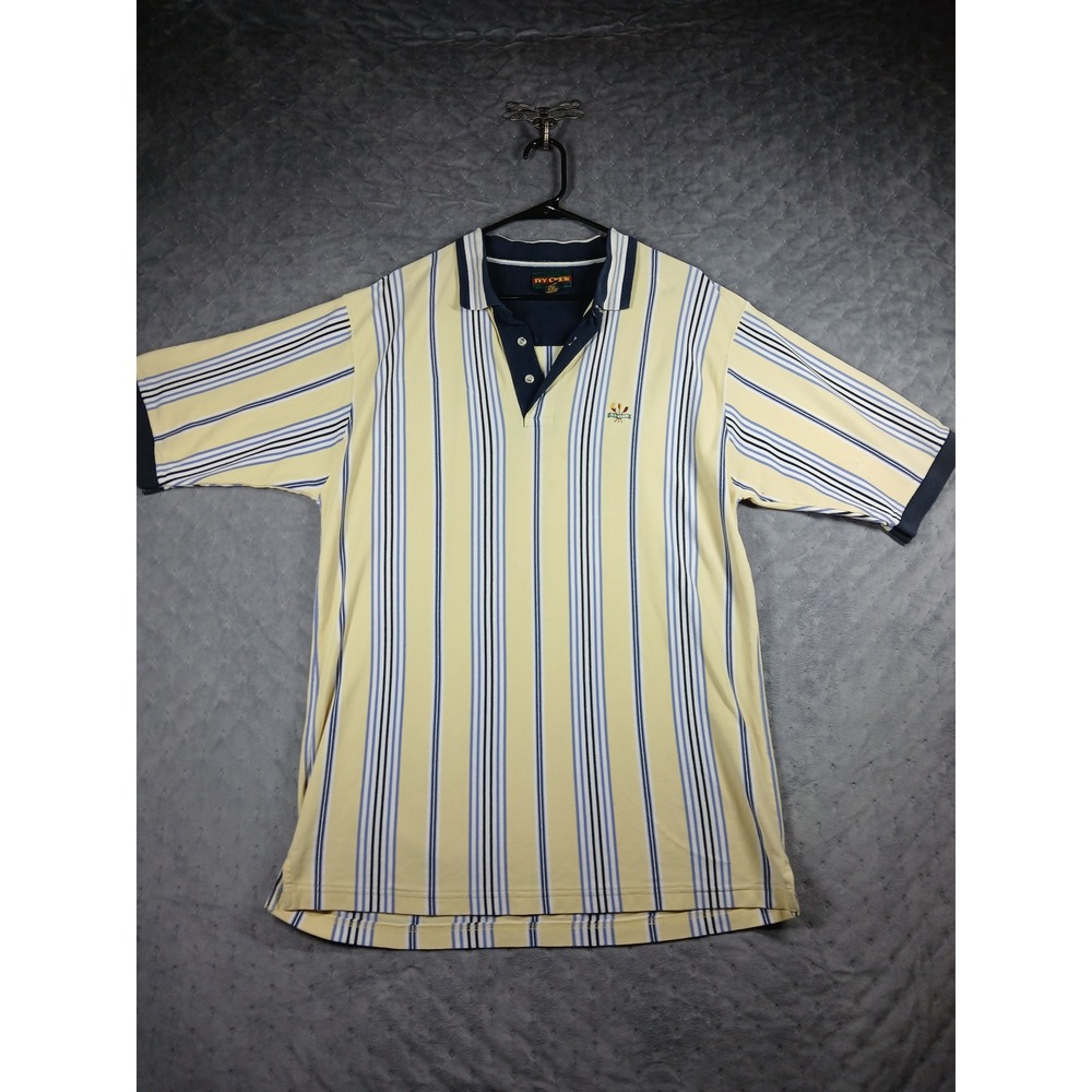 Vintage Ivy Crew Mens Large Yellow Blue Striped Pique Cotton Polo Short Sleeve L